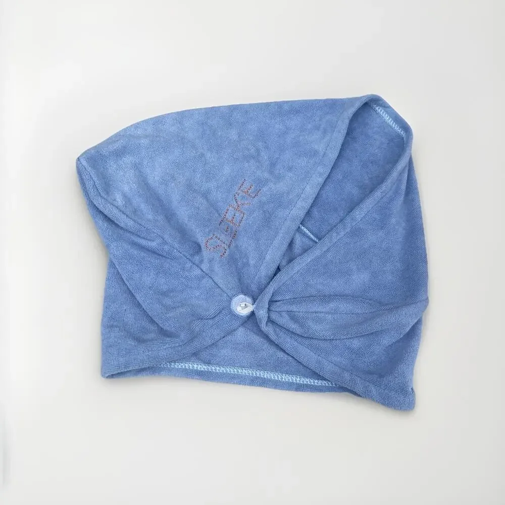 Sleeke Microfiber Hair Drying Towel Wrap Blue Quick Dry Button Cap Soft